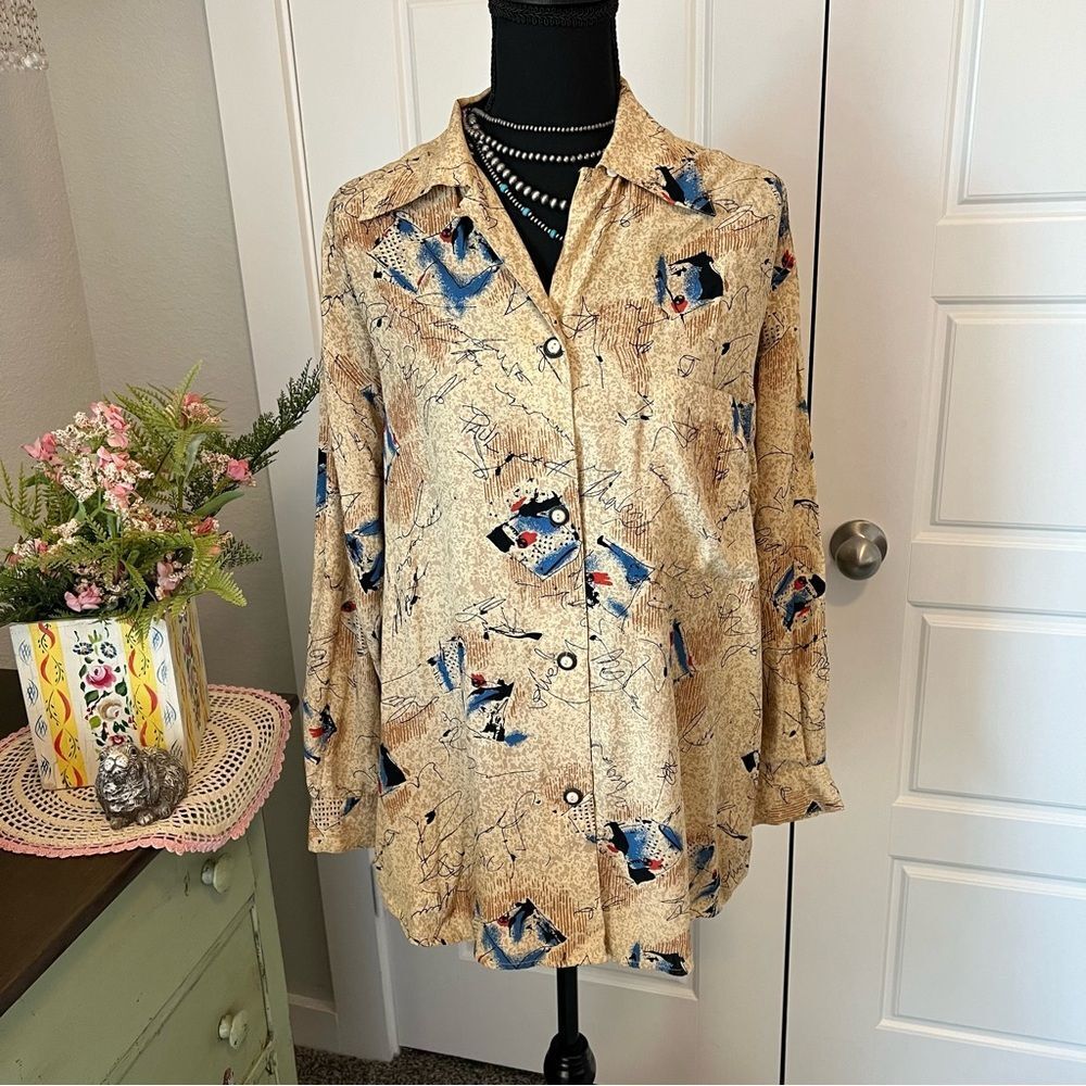 VINTAGE 80s 90s Paul Et Duffier Abstract Logo Oversized Button‎ Up Blouse sz S